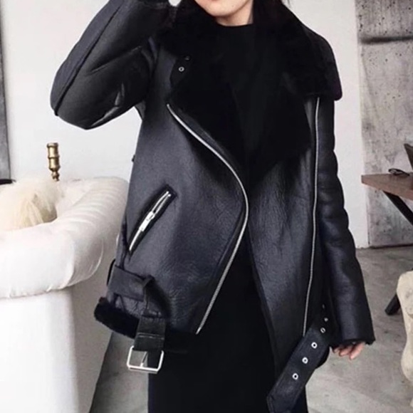 Shearling Faux Leather Moto Jacket - Picture 1 of 6